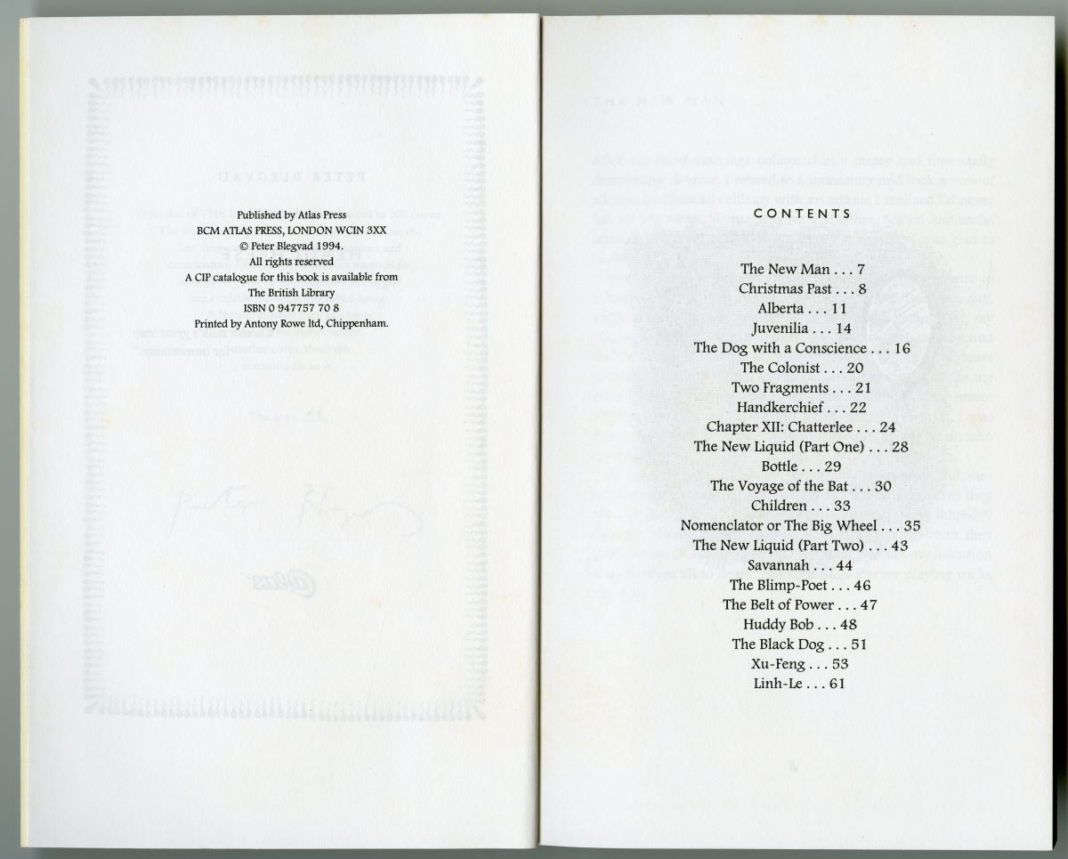 Peter Blegvad『Headcheese』（1994年、Atlas Press）刊記と目次